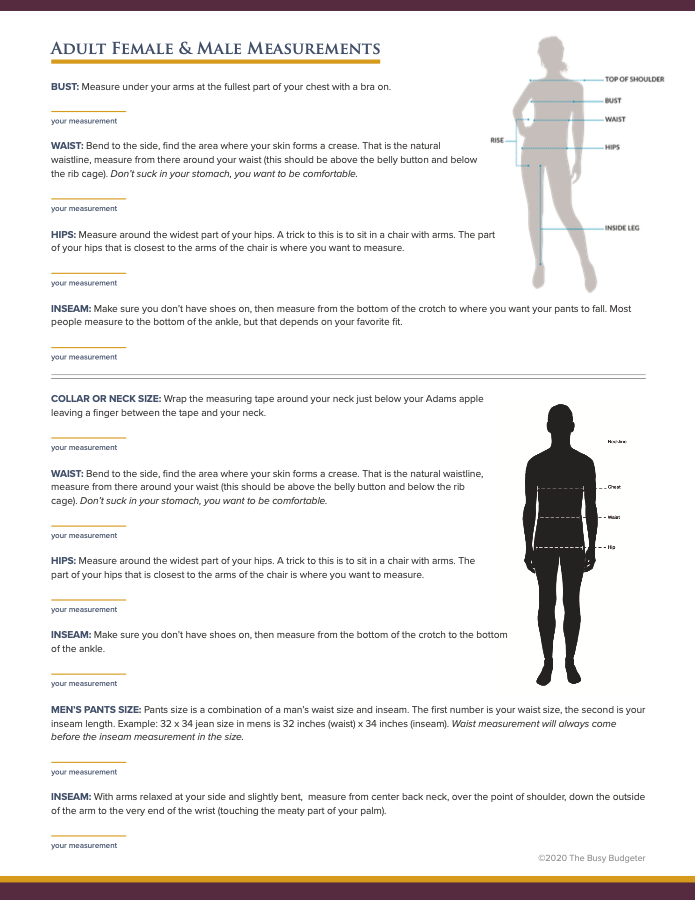 male and female measurement pages